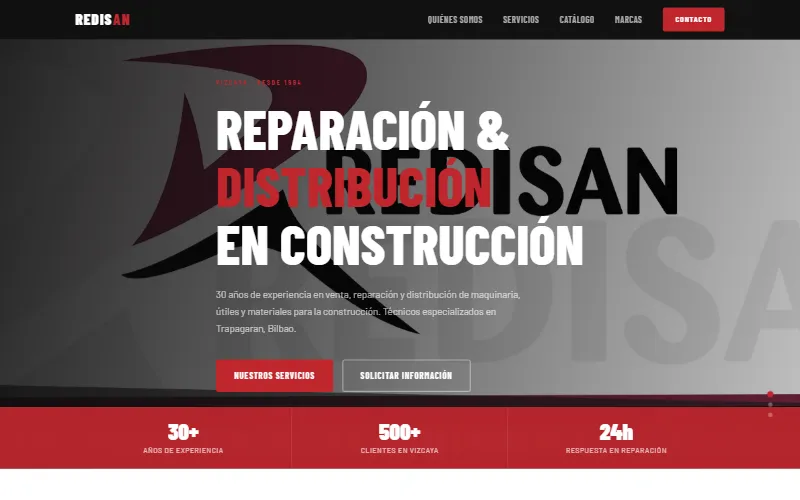 Portada de la web de Redisan S.C: fondo grafito con el titular «Reparación & distribución en construcción» y la marca en rojo.